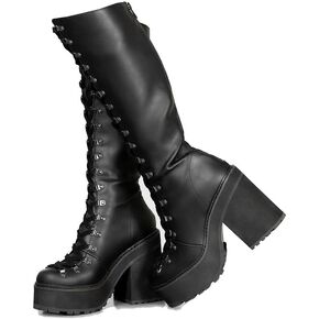 Platform Knee High Boots For Woman Black Punk Goth Boots Round Toe Lace Up Gothic Chunky Heel Boots Rave Wide Calf