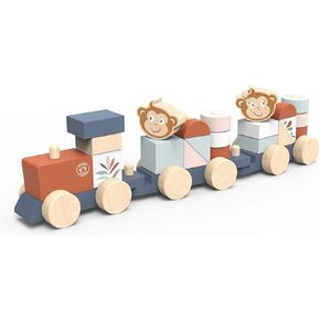 SPEEDY MONKEY Wooden Pull-Along Train Stacker – Soft Colors, Monkey Character, Stacking Blocks, Build Houses | Non-Toxic Paint, Creative Fun, Ideal for Kids, Educational Toy for Toddlers.