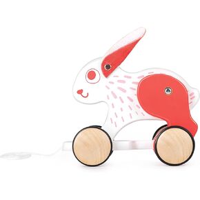 Hape: Pull Along - Bunny - White & Red - Wooden Animal Toy, Rubber Rimmed Wheels, Encourages Walking, Push & String Pull, Kid Baby Toddler, Age 12 mo+