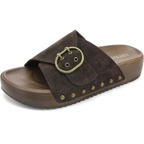 UBFEN Womens Platform Sandals Slides Genuine Leather Adjustable Buckle and Cushion Footbed Comfortable Slip On Retro Shoes
