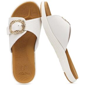 COFACE Womens Dressy Orthotic Slides Ladies Yoga Mat Memory Foam Cushion Recovery Walking Sandals Open Toe Strap Summer Slip On Slippers Comfortable Plantar Fasciitis Arch Support White Khaki Size 8.5