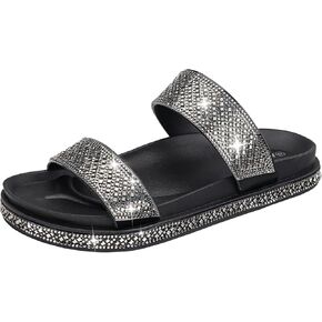 Platform Sandals Women,Womens Sandals with Rhinestone Dressy-Sandals Women Glitter Open-Toe Double Strap Arch-Support Slides Summer Sandals Vacation+Comfortable
