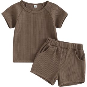 Toddler Boys Waffle Knit Shorts Set Short Sleeve T-shirt Top Elastic Waist Pockets Shorts Suit 2Pcs Summer Outfits
