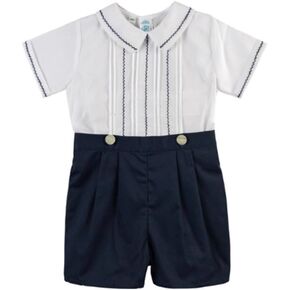Navy & White Feather Stitched Embroidered Button on Short Set 18 Months