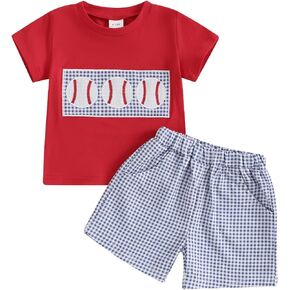Toddler Baby Boy Summer Clothes Short Sleeve Embroidery Baseball T-shirt & Plaid Shorts Set 2 Piece Outfit