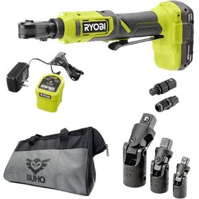 Ryobi Multi Size Ratchet (1/2, 1/4, 1/8in) Bundle with Pittsburgh Universal Impact Joint Set (3-piece), 1.5Ah Battery, Charger, and Buho Tool Bag