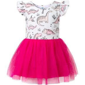 Infant Toddler Baby Girls Dress Dinosaur Ruffle Sleeveless Dresses Dark Pink Tulle Tutu Skirt Outfit Clothes Set