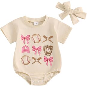 Newborn Baby Girl Baseball Outfit Pink Bow Baseball Romper Short Sleeve Bubble Bodysuit Infant Summer Clothes