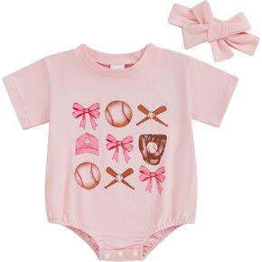 Baseball Baby Girl Outfit Baseball Bowknot Bubble Romper Short Sleeve T-Shirt Bodysuit with Headband Summer Clothes
