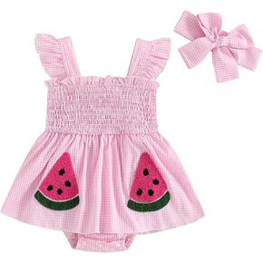 Baby Bodysuit Dress Girl Summer Dress Ruffle Fruit Clothes Shirred Smocked Infant Rompers Plaid Boho Dress Outfits in Kuwait