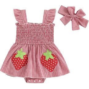 Baby Bodysuit Dress Girl Summer Dress Ruffle Fruit Clothes Shirred Smocked Infant Rompers Plaid Boho Dress Outfits
