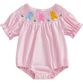 Infant Baby Girl Easter Outfit Rabbit Embroidery Short Puff Sleeve Bubble Smocked Romper Newborn Summer Bunny Bodysuit