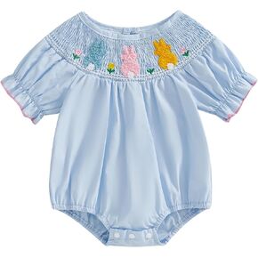 Infant Baby Girl Easter Outfit Rabbit Embroidery Short Puff Sleeve Bubble Smocked Romper Newborn Summer Bunny Bodysuit in Kuwait