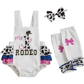 YOKJZJD 3Pcs Baby Girl 1st Birthday Outfit My First Rodeo Western Sleeveless Romper Bodysuit +Leg Warmers Summer Clothes