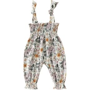 Infant Baby Girls Outfit Ruched Flower Print Jumpsuit Tie Up Sleeveless Romper Overall Pants Summer Clothes One Piece
