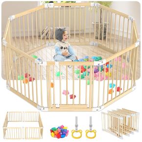 Foldable Wooden Playpen with Door: 8 Panel Adjustable Shape Playpen for Babies and Toddlers - 57"x57"x25" Large Kids Safety Activity Centre Play Yard with Pull Rings & Ocean Balls for Indoor Outdoor