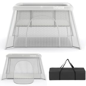INFANS Travel Crib, Portable Baby Playpen with Removable Bassinet Soft Mattress Carry Bag, Foldable Lightweight Playard Nursery Center for Newborns Toddlers (Dark Gray)
