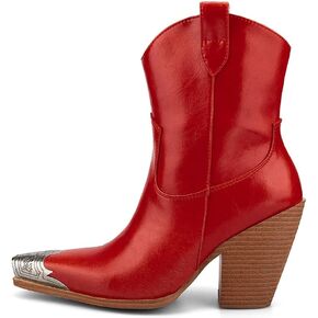 keleimusi Women's Western Cowgirl Ankle Boots Stacked Block Heel Cowboy Booties Steel Toe Heeled Short Cowboy Boots Side Zipper Western Booties for Women