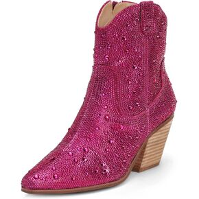 MUCCCUTE Women's Rhinestone Mid Calf Boots Sparkly Block Heel Cowboy Boots Glitter Boots