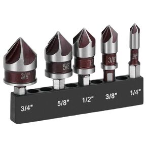 QWORK Countersink Drill Bit Set for Metal, M35 Cobalt, 82° 5-Flute Design, 5-Piece Set with 1/4" Hex Shank & Bit Holder