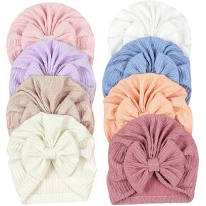 FZBNSRKO 8 Pcs Stretchy Baby Turban Hats,Baby Hat with Bows for Girls,Soft Turban Hat with Bow,Breathable Baby Boys/Girls Caps for Unisex Toddler,Newborn,Infant Hat(Random Color) Multicolor