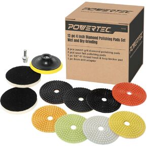 POWERTEC 4 Inch Diamond Polishing Pads w/ 10pcs 50 - 6000 Grit Polishing Pad and 5/8"-11 Backer Pad for Drill, Polisher & Grinder, Wet/Dry Diamond Polishing Pad Kits for Concrete, Granite and Marble