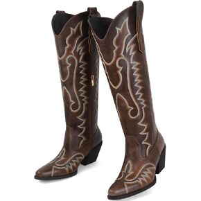 Knee High Embroidered Cowboy Boots Women Wide Calf Boots With Half Zip Western Pointed Toe Cowgirl Boots For Lady Size 7-10