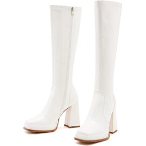 Zxhyzlz Knee High Gogo Boots 70s للنساء عجل طويل طويل القامة مربع إصبع القدم