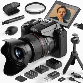 5K Digital Cameras for Photography - 64MP Vlogging Cameras for YouTube,16X Optical Zoom Travel Point and Shoot Digital Cameras Fotograficas with 180°Flip Screen,58mm UV Lens,2 Batteries