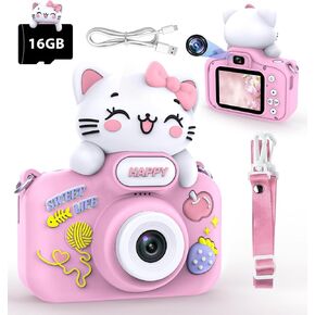 Kids Camera for Girls Age 3-8, Selfie Digital Camera for Kids, Children Toddler Camera for Chritmas Birthday Festival Gifts with Cute Protective Cat Case & 16GB TF Card, Pink