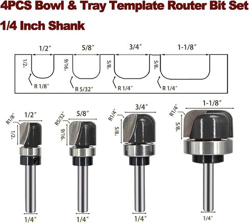 4PCS Bowl & Tray Template Router Bit Set 1/4 Inch Shank, Cove Juice Groove Router Bit, Carbide Tipped Circle Round Nose Cutting, Ideal for Making Wood Bowls, Trays, Boxes, Board Troughs in Saudi Arabia
