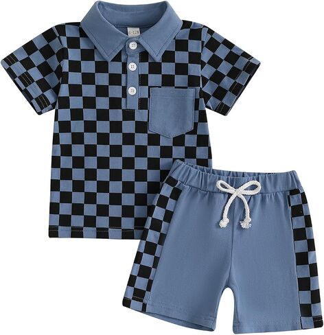 Karuedoo Toddler Baby Boy Summer Outfits Checkered Button Down Short Sleeve Pocket Collared Shirt and Shorts 2Pcs Clothes Set in Saudi Arabia