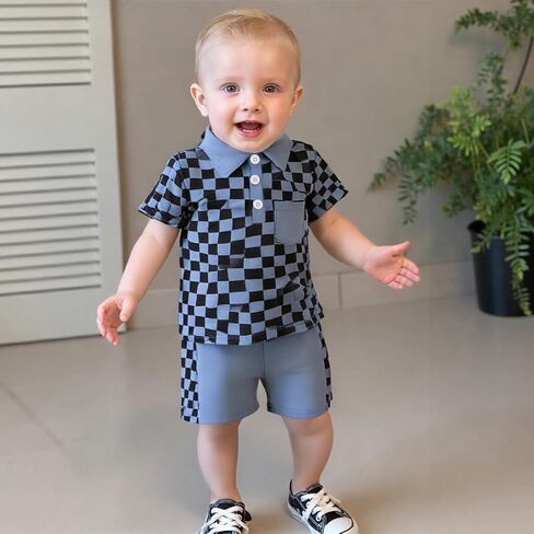 Karuedoo Toddler Baby Boy Summer Outfits Checkered Button Down Short Sleeve Pocket Collared Shirt and Shorts 2Pcs Clothes Set in Saudi Arabia