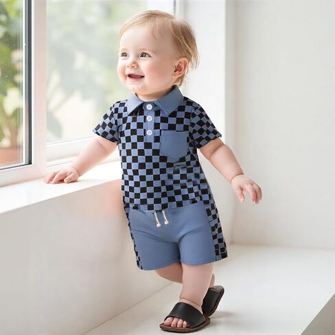 Karuedoo Toddler Baby Boy Summer Outfits Checkered Button Down Short Sleeve Pocket Collared Shirt and Shorts 2Pcs Clothes Set in Saudi Arabia
