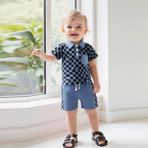 Karuedoo Toddler Baby Boy Summer Outfits Checkered Button Down Short Sleeve Pocket Collared Shirt and Shorts 2Pcs Clothes Set in Saudi Arabia