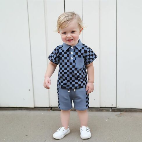 Karuedoo Toddler Baby Boy Summer Outfits Checkered Button Down Short Sleeve Pocket Collared Shirt and Shorts 2Pcs Clothes Set in Saudi Arabia