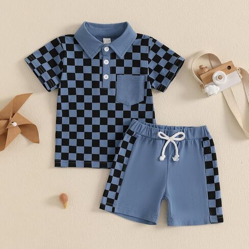 Karuedoo Toddler Baby Boy Summer Outfits Checkered Button Down Short Sleeve Pocket Collared Shirt and Shorts 2Pcs Clothes Set in Saudi Arabia