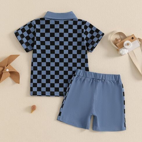 Karuedoo Toddler Baby Boy Summer Outfits Checkered Button Down Short Sleeve Pocket Collared Shirt and Shorts 2Pcs Clothes Set in Saudi Arabia