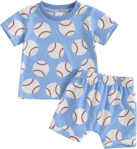 Toddler Baby Girl Boy Baseball Outfit Baseball Print Short Sleeve T-shirt Elastic Waist Shorts Set Summer Clothes in Saudi Arabia