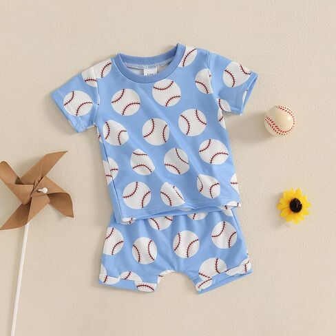 Toddler Baby Girl Boy Baseball Outfit Baseball Print Short Sleeve T-shirt Elastic Waist Shorts Set Summer Clothes in Saudi Arabia