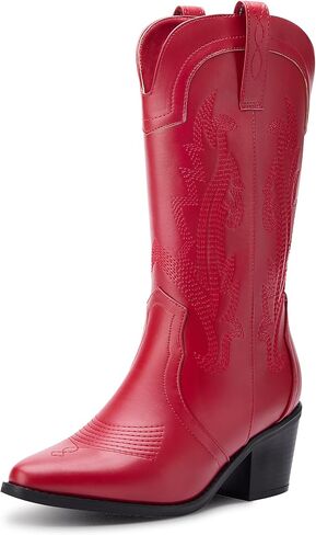 Women's Cowboy Boots Pointed Toe Western Boots Embroidered Mid-Calf Chunky Block Heel Cowgirl Boots in Saudi Arabia