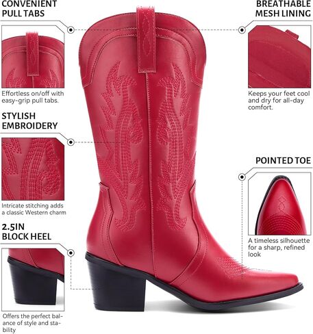 Women's Cowboy Boots Pointed Toe Western Boots Embroidered Mid-Calf Chunky Block Heel Cowgirl Boots in Saudi Arabia