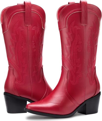 Women's Cowboy Boots Pointed Toe Western Boots Embroidered Mid-Calf Chunky Block Heel Cowgirl Boots in Saudi Arabia