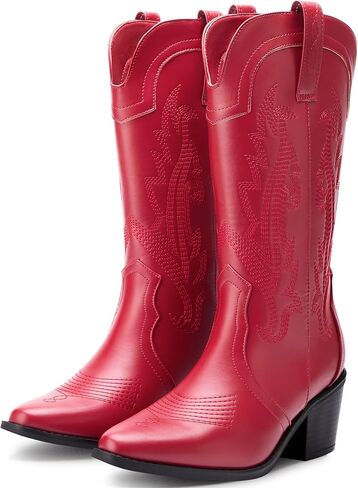 Women's Cowboy Boots Pointed Toe Western Boots Embroidered Mid-Calf Chunky Block Heel Cowgirl Boots in Saudi Arabia
