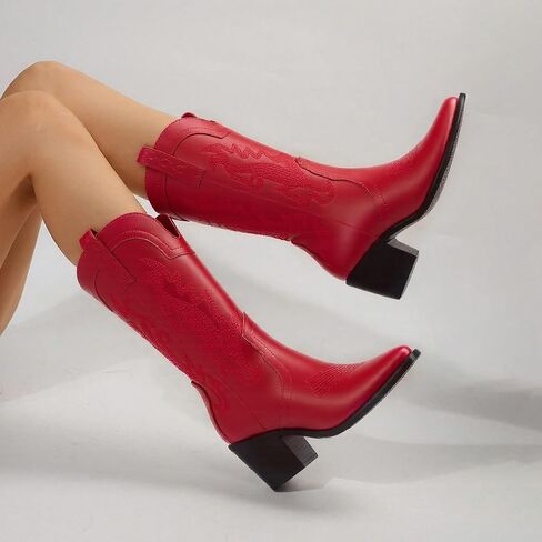 Women's Cowboy Boots Pointed Toe Western Boots Embroidered Mid-Calf Chunky Block Heel Cowgirl Boots in Saudi Arabia