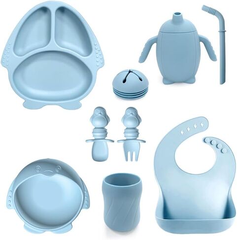 Toddler Flatware Sets Silicone Baby Feeding Set Baby led Weaning Supplies, Infant Toddler Feeding with Silicone Baby Bib, Suction Plate and Bowl Set, Baby Cup, and First Stage Spoon（9 Pac） (blue) in Kuwait