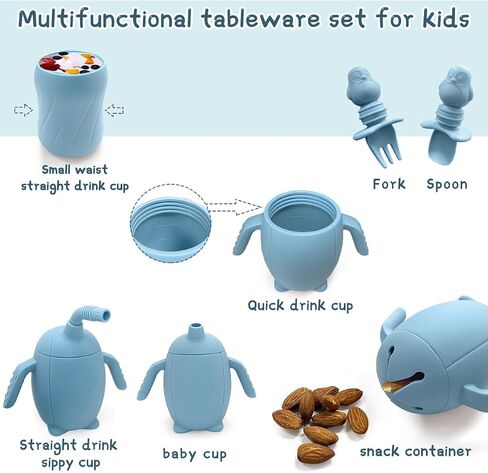 Toddler Flatware Sets Silicone Baby Feeding Set Baby led Weaning Supplies, Infant Toddler Feeding with Silicone Baby Bib, Suction Plate and Bowl Set, Baby Cup, and First Stage Spoon（9 Pac） (blue) in Kuwait