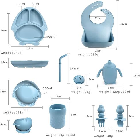 Toddler Flatware Sets Silicone Baby Feeding Set Baby led Weaning Supplies, Infant Toddler Feeding with Silicone Baby Bib, Suction Plate and Bowl Set, Baby Cup, and First Stage Spoon（9 Pac） (blue) in Kuwait