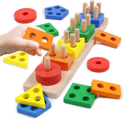 Montessori Toys for 1 2 3 Year Old - Wooden Baby Stacking Toys Sensory Educational Shape Sorter Color Sorting Toy for Toddlers 1-3, Birthday Gifts for Girls Boys Kids in Saudi Arabia