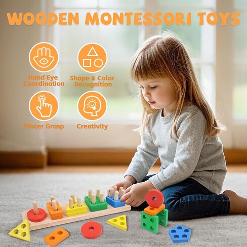 Montessori Toys for 1 2 3 Year Old - Wooden Baby Stacking Toys Sensory Educational Shape Sorter Color Sorting Toy for Toddlers 1-3, Birthday Gifts for Girls Boys Kids in Saudi Arabia